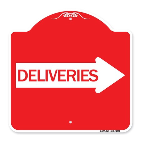 Signmission Designer Series Deliveries W/ Right Arrow, Red & White Aluminum Sign, 18" x 18", RW-1818-24362 A-DES-RW-1818-24362
